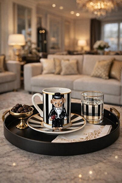 FZB Art Studio El Yapımı Şık Ayıcık Figürlü Kahve Fincanı Teddy Fincan Siyah ...