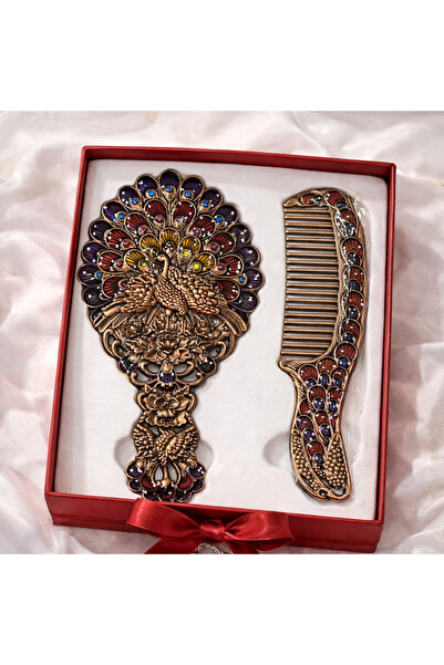 hediyeconcepti Ottoman Palace Collection Embroidered Hand Mirror and Comb Set...