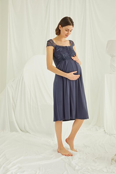 MONAMİSE Women'S, Viscose, Navy Blue, Lace Front Buttoned Maternity Nightgown