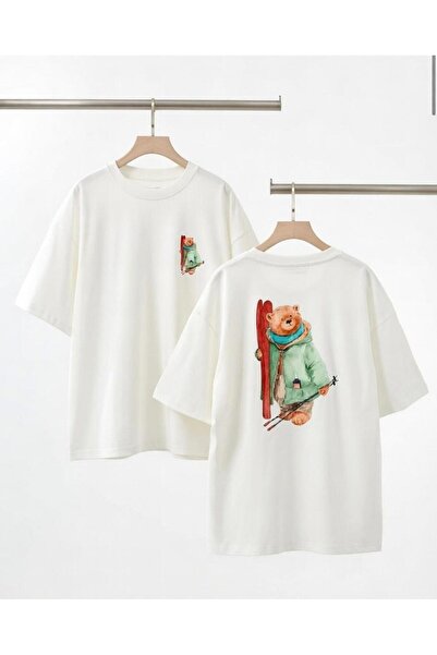 playwear Unisex White Oversize Cotton Mountaineer Bear Front and Back Printed...