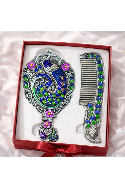 hediyeconcepti Ottoman Palace Collection Embroidered Hand Mirror and Comb Set...