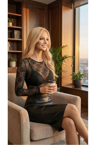 PERLMUTT Kadın Siyah Transparan Dantel Body Uzun Kollu Seksi Şık Kadın Bluz G...