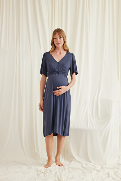 MONAMİSE Women'S, Viscose, Navy Blue, Lace, Buttoned Front, Maternity Nightgown