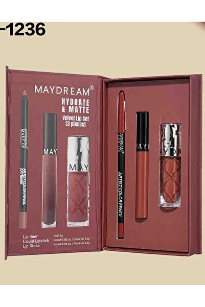 MAYDREAM مجموعة مكياج للشفاه تحتوي على أحمر شفاه، وملمع، ومحدد.