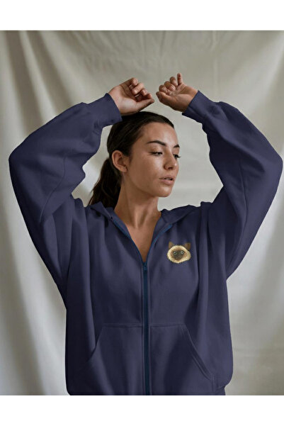 Kadın Siyam Kedisi Baskılı Tam Boy Fermuarlı Oversize Hoodie