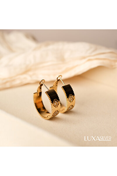 luxa silver jewellery Halka Zirkon Taşlı Yonca Gold Yüksek Çelik Küpe