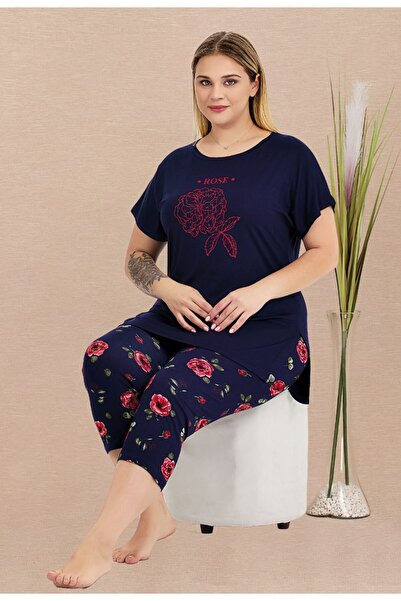 by İGP Navy Blue Floral Patterned Cotton Large Size Tights Capri Pajamas Set