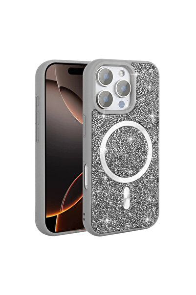 Paladyum Case غطاء موزاييك رمادي اللون بتصميم ماسي متوافق مع آيفون 16 برو ماك...