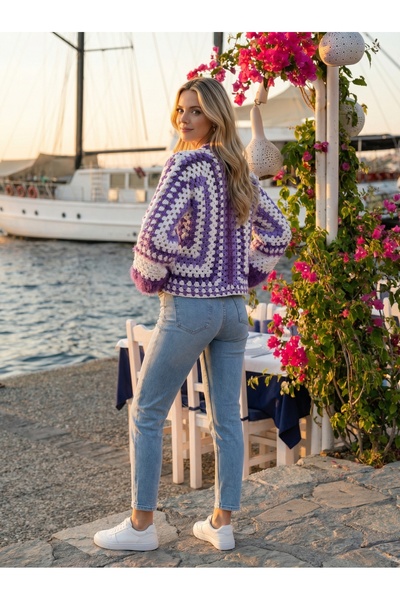 Tanem Çarşı Cardigan Cotton Colorful Special Design Hand Knitted (51 cm Length)