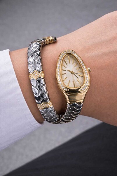 ACCESSORYHUB Kadın Gold Akordiyon Yılan Kasa Yeni Model Taşlı Çelik Kol Saati