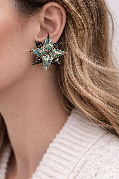 Tasarım Turquoise Stone Star Form Gold Black Detailed Women's Earrings