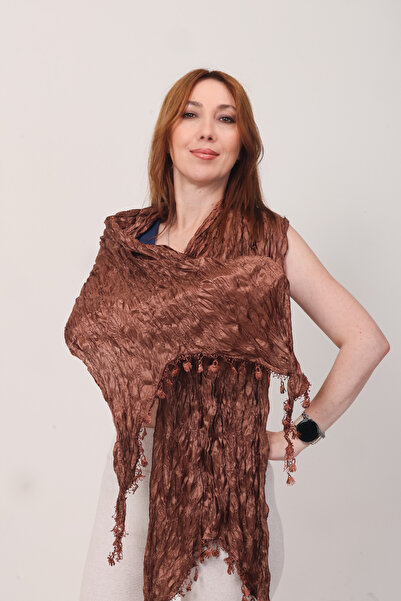Mystic Shawl: Lüks Saten İpek Kahverengi Krinkle Şal (68x190 cm)