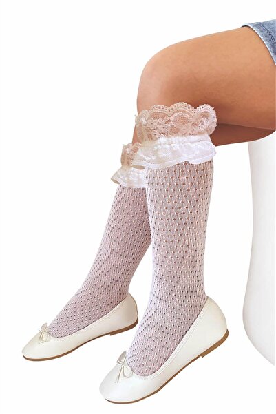 OBJE جوارب الركبة من الدانتيل الأبيض للفتيات