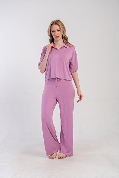 OBJE Women's Purple Collar Detailed Top