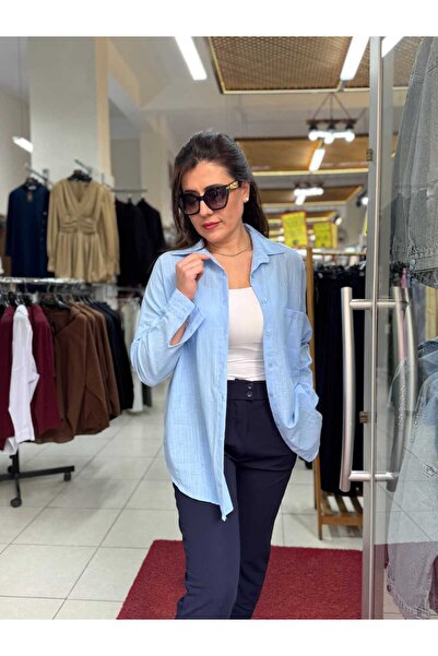MODA Kadın Oversize Keten Gömlek Tek Cepli Yazlık Salaş Gömlek Standart Beden...