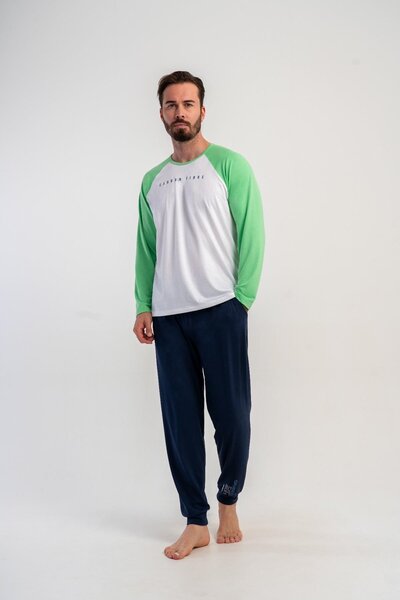 OBJE Men's White Lycra Polyviscon O-Neck Long Sleeve Pajama Top