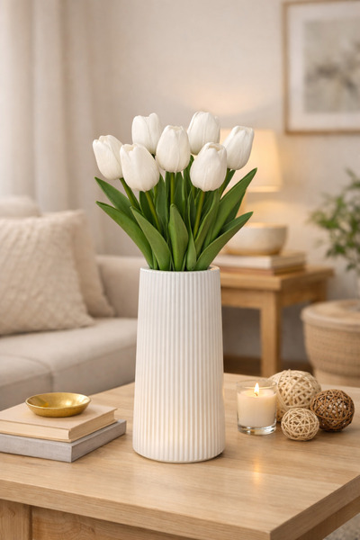 DEMİRSTORE Dekoratif Polimer Vazoda Yapay Lale Aranjmanı - Beyaz