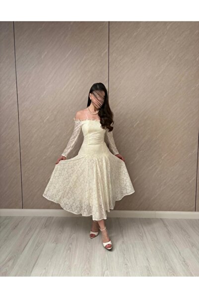 elin Eid dress, midi, off-shoulder, cream Lace , Ruffled