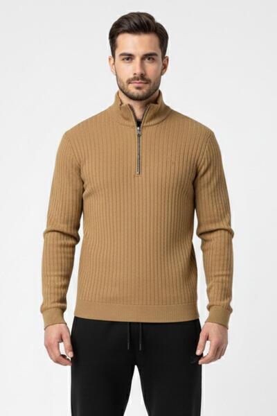 OBJE Men's Milk Coffee Anka Fabric Zipper Detail Top