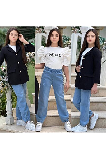 zavera for kids Set 3 piese pentru fete: Jachetă, pantaloni din denim și tric...