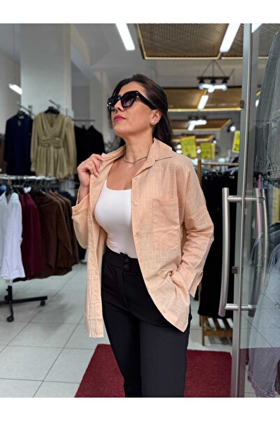 MODA Kadın Oversize Keten Gömlek Tek Cepli Yazlık Salaş Gömlek Standart Beden...