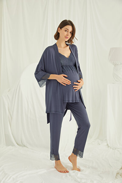 MONAMİSE Women'S, Viscose, Navy Blue, V-Neck, Lace, Maternity 3-Piece Pajama Set