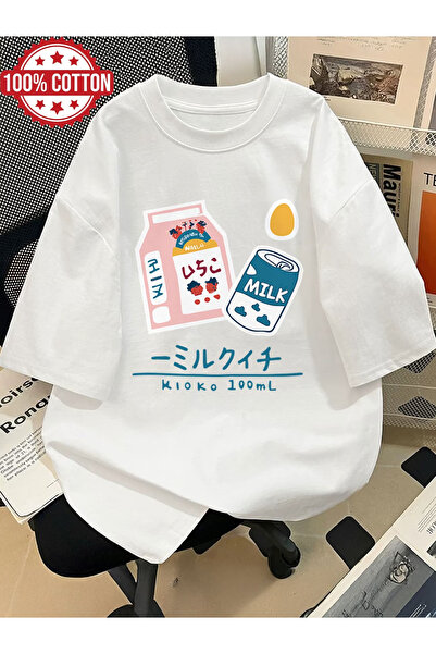 Sweet Cotton Milk Printed Oversize Cotton Crew Neck T-Shirt