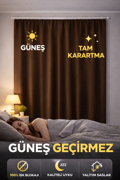 PerdeBurada Stüdyo Gamer Ev Pilesiz Düz Dikiş Çift Katmanlı Kahverengi Blacko...