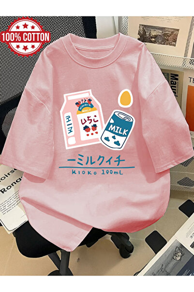 Sweet Cotton Milk Printed Oversize Cotton Crew Neck T-Shirt