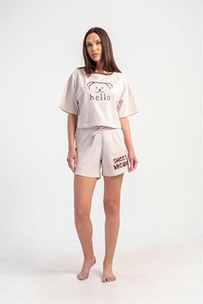 OBJE Women's Beige Hello Written Short Sleeve Top