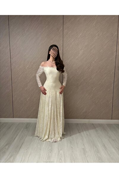 elin Eid dress, long mermaid, off-shoulder Lace , cream