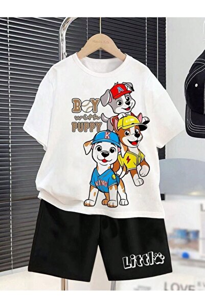 Kids Summer Boy Puppy Triple Dog Printed Boys Girls Black Shorts, White T-Shi...