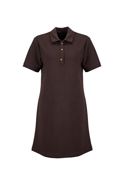 Fabrika Polo Yaka Düz Kahve Mini Kadın Elbise F6SL-ELB0372