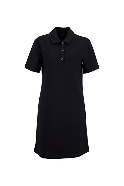 Fabrika Polo Yaka Düz Siyah Mini Kadın Elbise F6SL-ELB0372