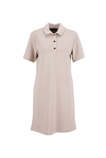 Fabrika Polo Yaka Düz Bej Mini Kadın Elbise F6SL-ELB0372