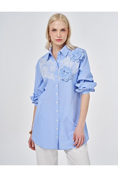 Kayra Тюльпановая бавовняна віскозна туніка з мереживом, світло-блакитного ко...