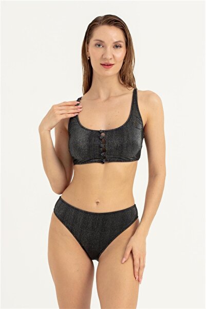 OBJE Women's Black Front Button Detail Glitter Bikini Set