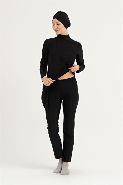 OBJE Women's Black Long Sleeve Rose Hijab Swimsuit