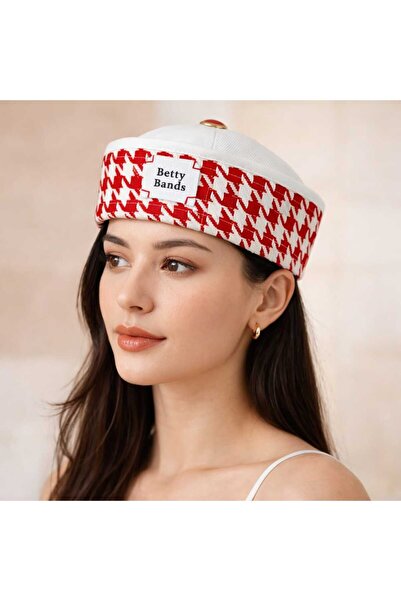 Handmade Betty Bands Red Houndstooth Patterned Women's Headband–Wide Retro Bandana Model Hat Hair Accessory