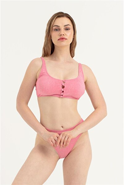 OBJE Women's Pink Front Button Detail Glittery Bikini Set