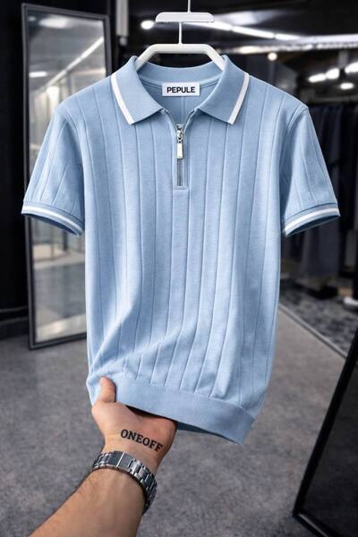 pepule Men's Polo Collar Knitwear Textured Half-Zip Regular Cotton T-Shirt