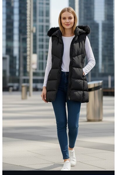 modayiğit Kadın kürk kapüşonlu şişme şık yelek