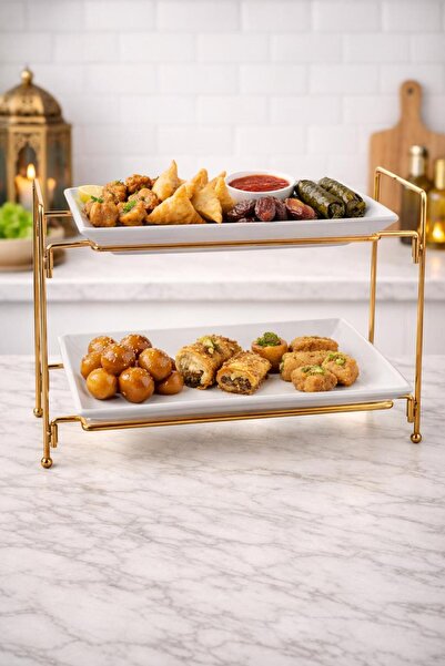 HOME AURAA ORCHID 2-TIER RECTANGULAR SERVING SET WITH GOLD STAND