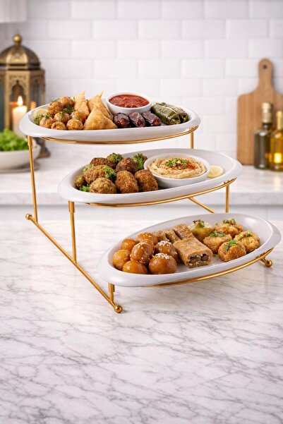 HOME AURAA ORCHID 3-TIER OVAL SERVING SET WITH GOLD STAND