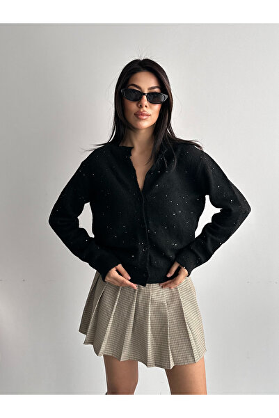 FERZOLAİO Sparkly Buttoned Black Knitwear Cardigan