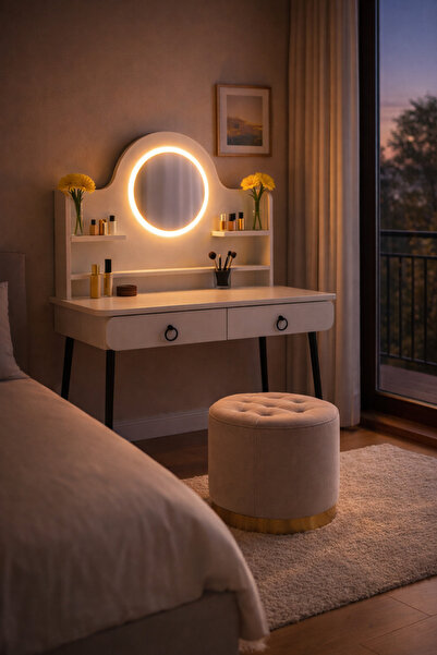 moka park avm Vella LED Işıklı Oval Aynalı Makyaj Masası – Raflı & Çekmeceli ...