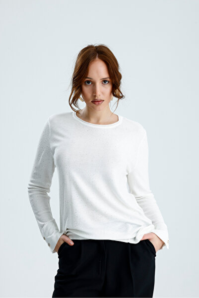 Moda Days Women's White Wide Buttoned Cuff Sequin Embroidered Viscose Knitwea...