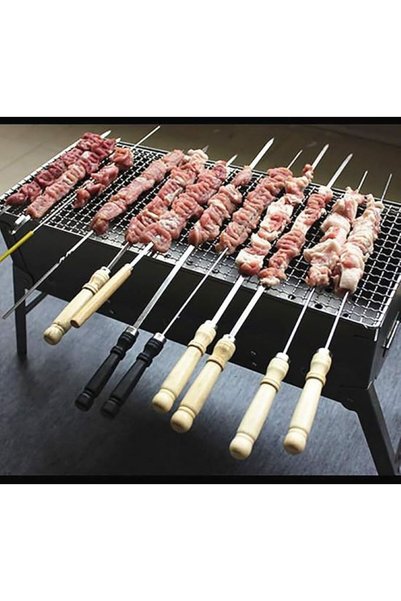 NO BRAND 6 Pcs Kebab Skewers, Barbecue Skewer, Wooden Handle, Reusable Stainless Steel Metal BBQ Kabab Sticks