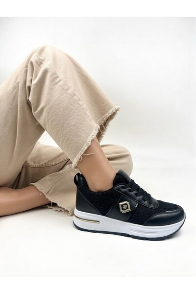 Nstil Дамски кецове с дантела и златни детайли, черно-бели, с дебела подметка...