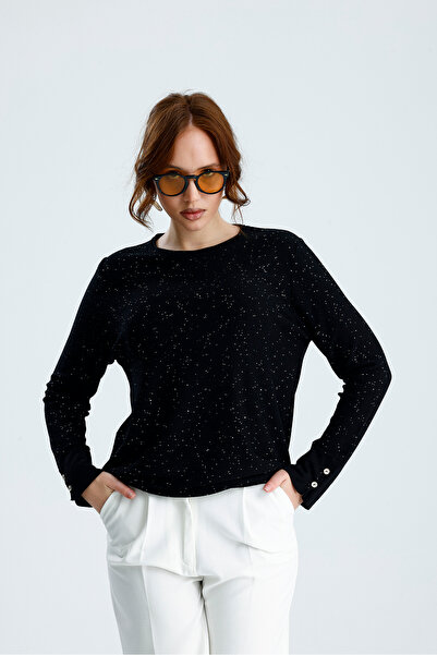 Moda Days Women's Black Wide Buttoned Cuff Sequin Embroidered Viscose Knitwea...